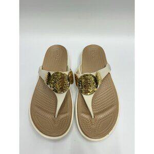Crocs Sanrah Hammered Circle Gold Cream Wedge Thong Sandal Womens Size 11